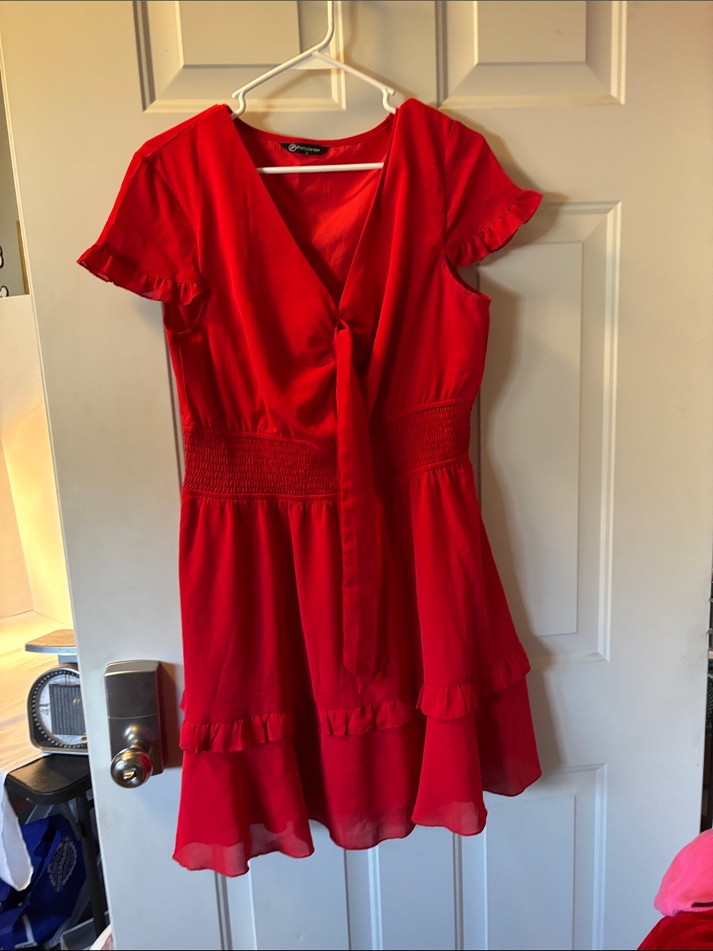 Red Tie-Front Midi Dress with Ruffle Hem